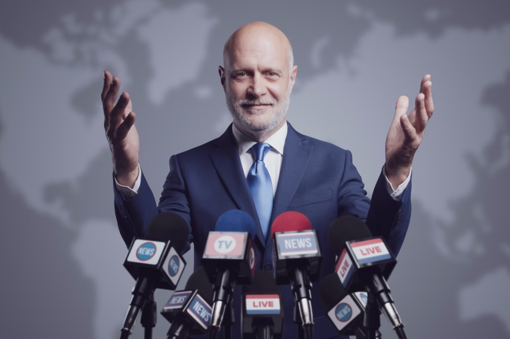 Spokesperson speaking at a press conference with microphones